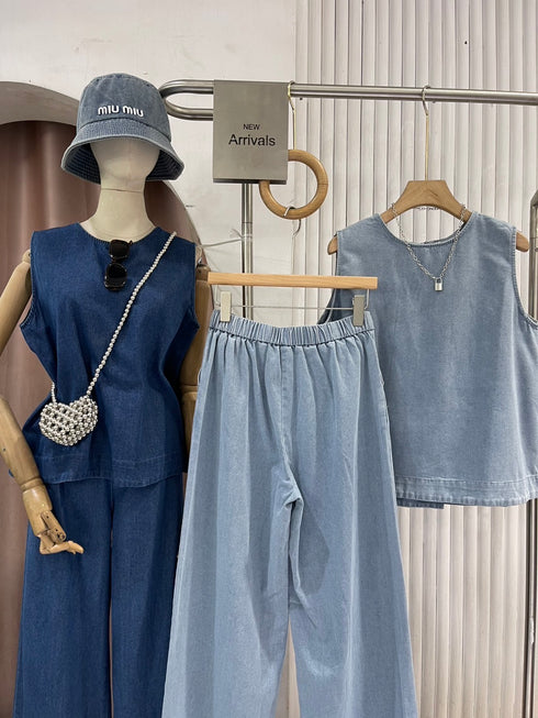 Denim Round Neck Pleated Back Tops with Trousers Sets